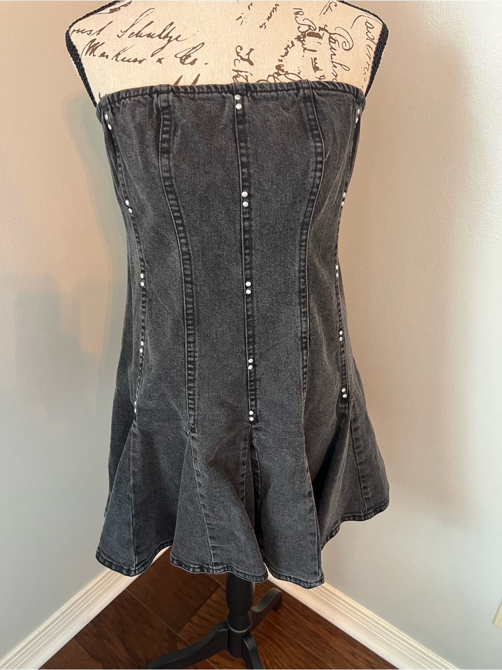 Strapless Black Denim Pearl-Embellished Skirt